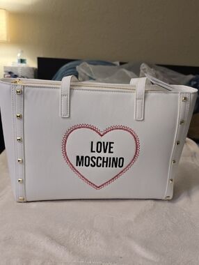 Love Moschino White Tote with Red Heart and Gold Studs